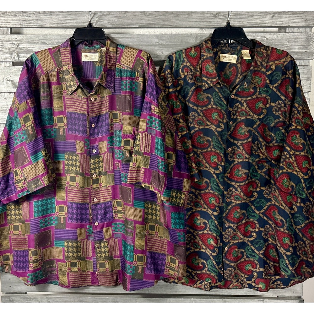 Vintage 90s Pebble Beach 100% Silk Button Down Golf Shirt Paisley Mens 2XL Lot 2